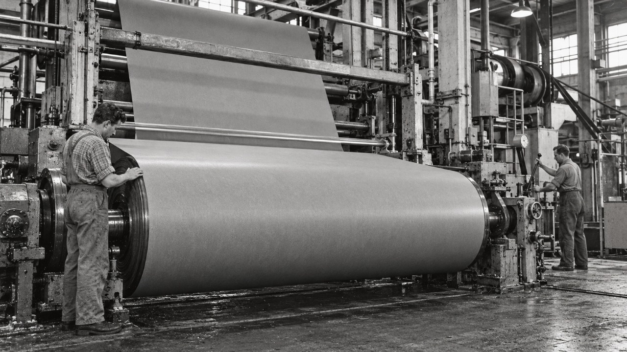 История производства линолеума - архивное изображение фабрики с промышленным оборудованием, рулонным покрытием и рабочими